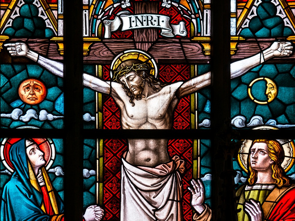 Stained Glass of Jesus Crucified with Mary and John at the foot of the cross