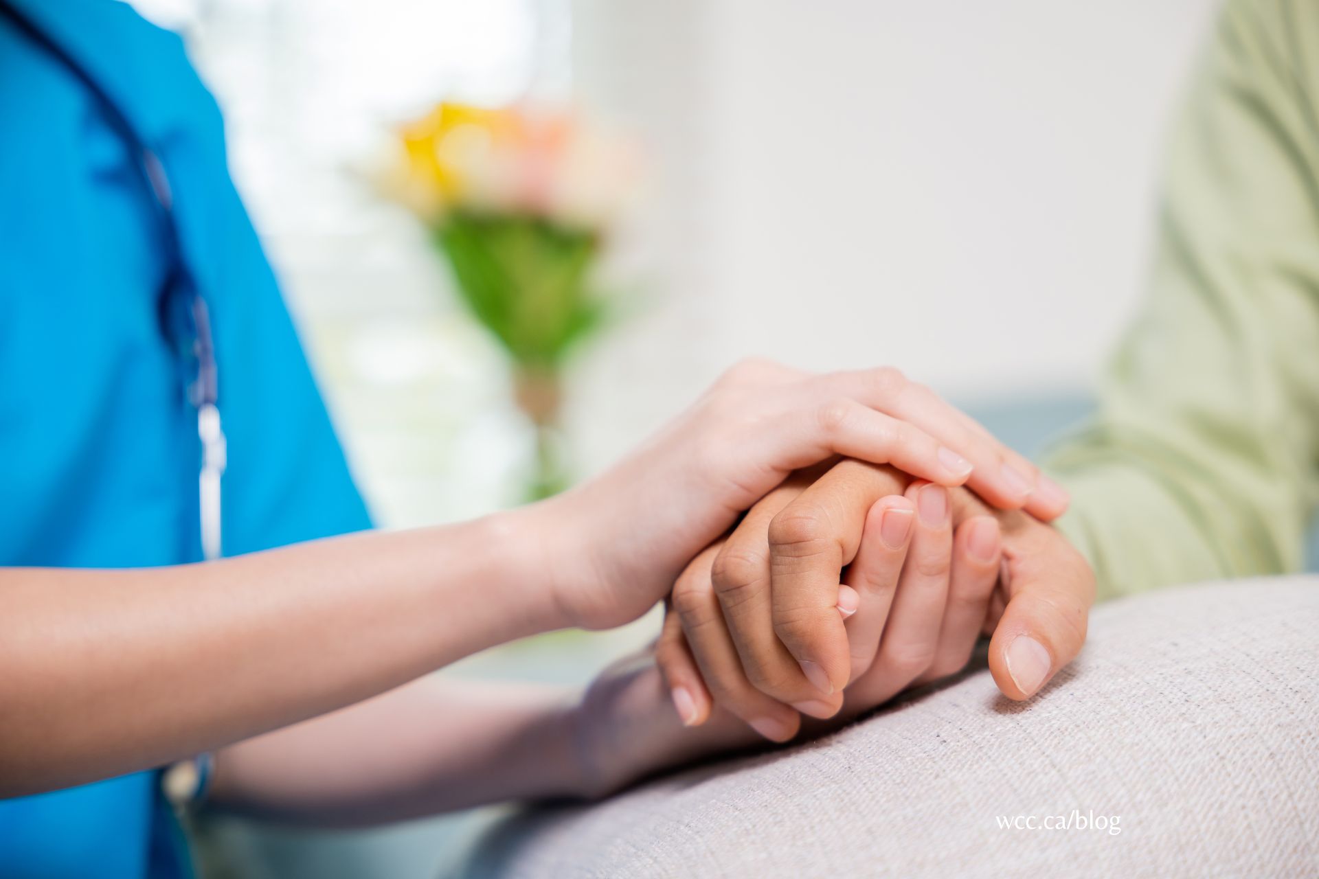 Palliative Care hands of assistant holding patient hands